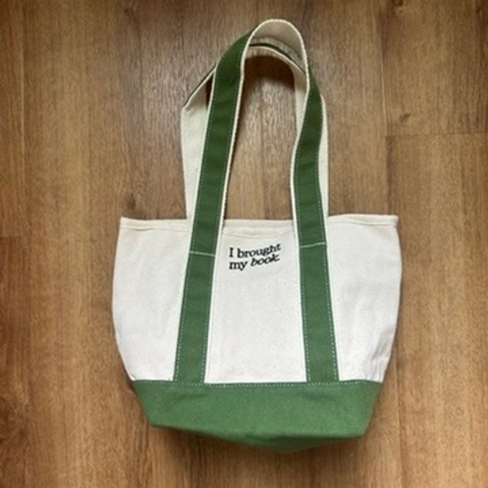 Book of the Month I Brought My Book Mini Canvas Tote Bag Green Cream NWOT